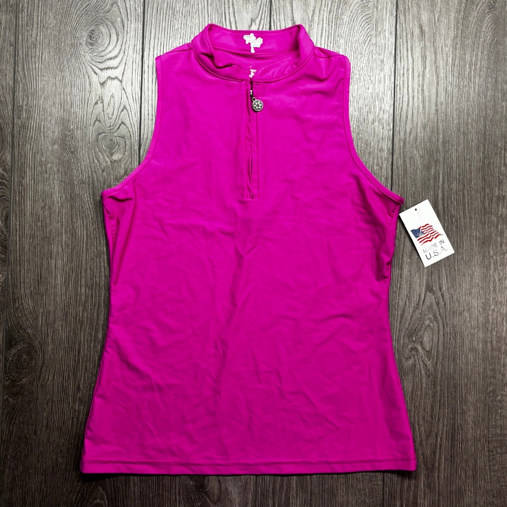 Tzu Tzu Womens Golf Top Sleeveless Quarter Zip Pink Mock Neck Large Made in USA
